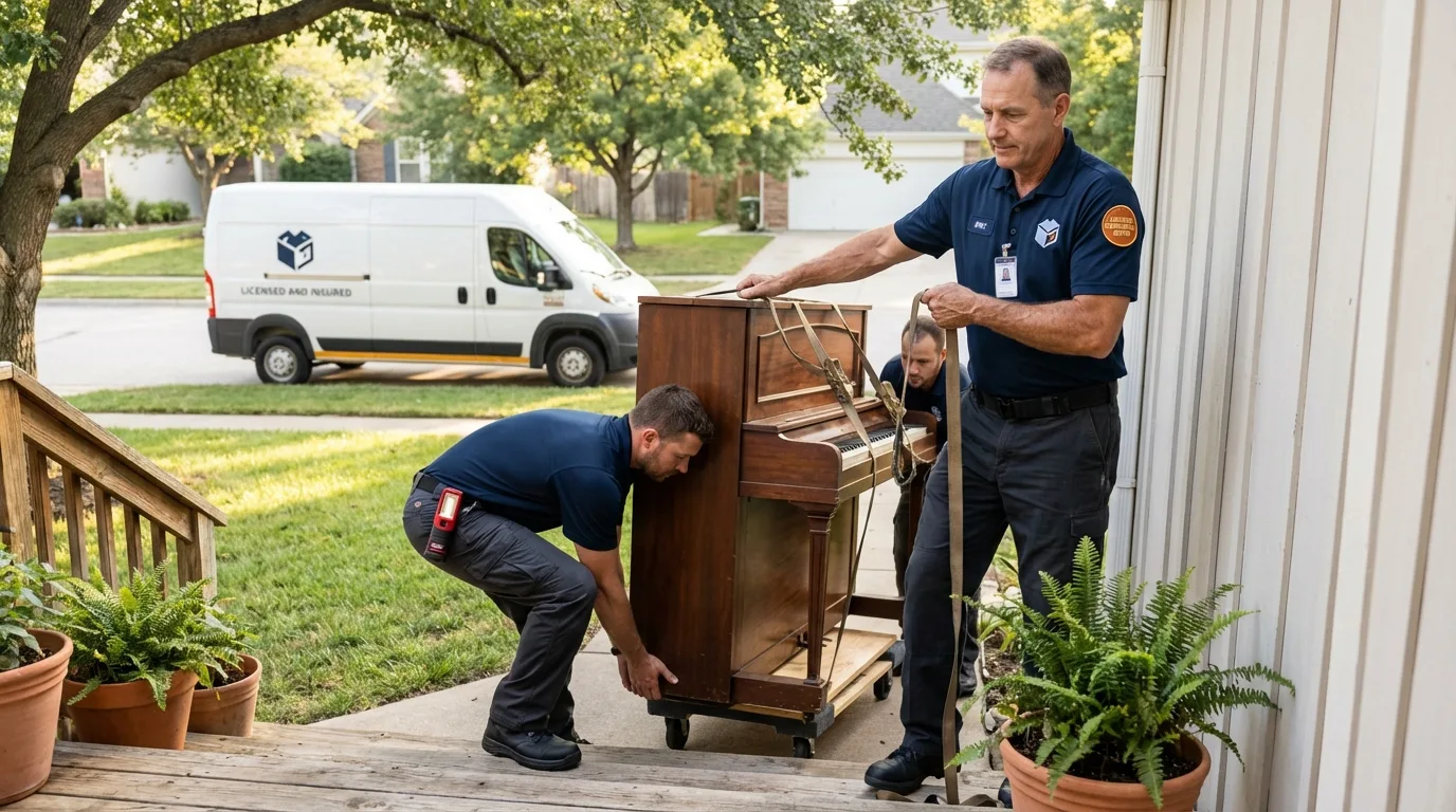 Licensed piano movers securing grand piano in Hazel Park, MI