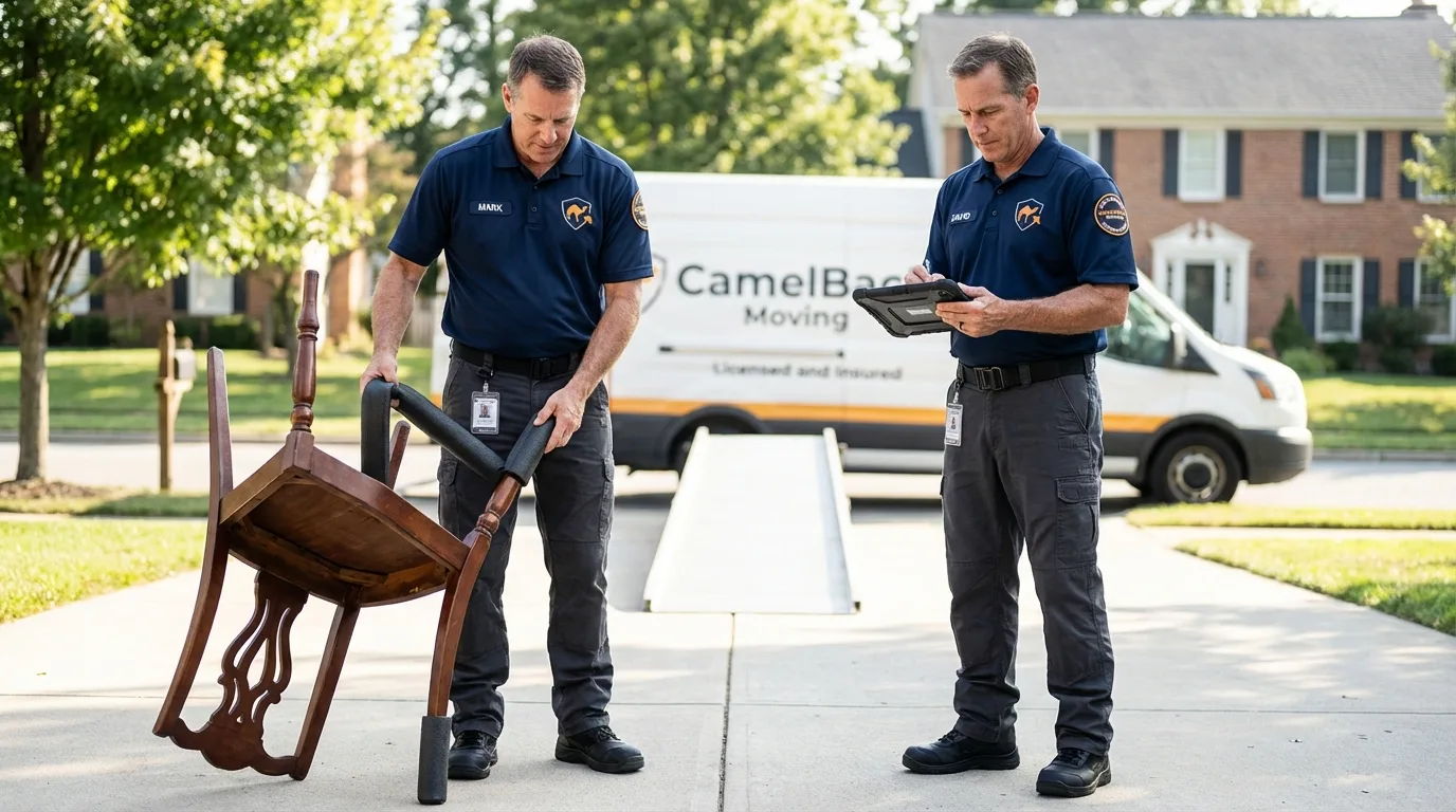 Movers inspecting furniture for damage prevention before loading in Hazel Park, MI