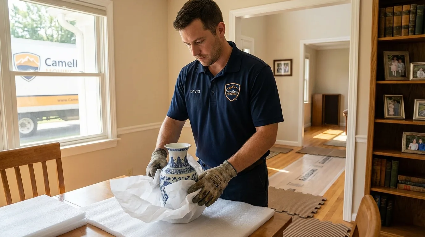 Professional crew carefully wrapping antique vase for senior downsizing move in Hazel Park, MI